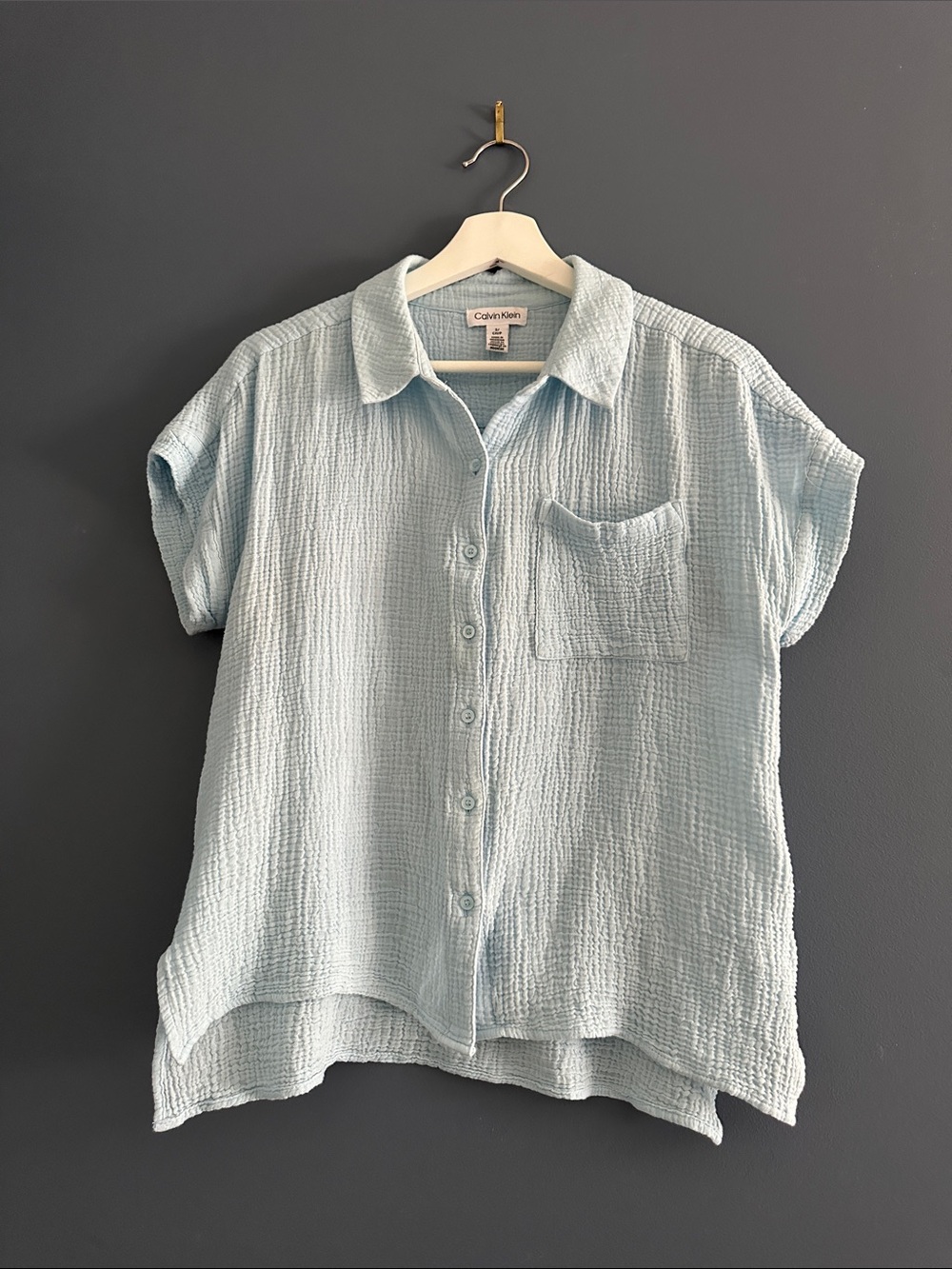 Calvin Klein Muslin Cotton Pale Blue Short-Sleeve Button Down Shirt